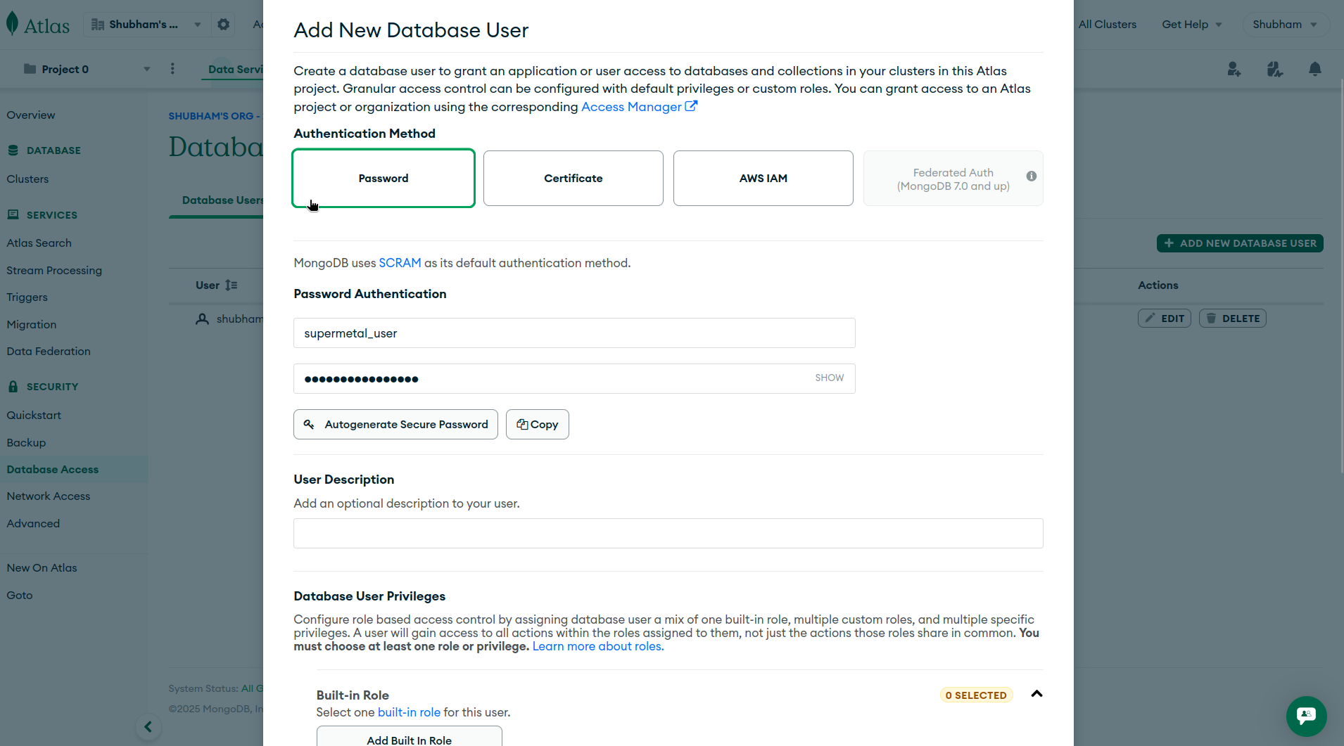 MongoDB Atlas Add New Database User