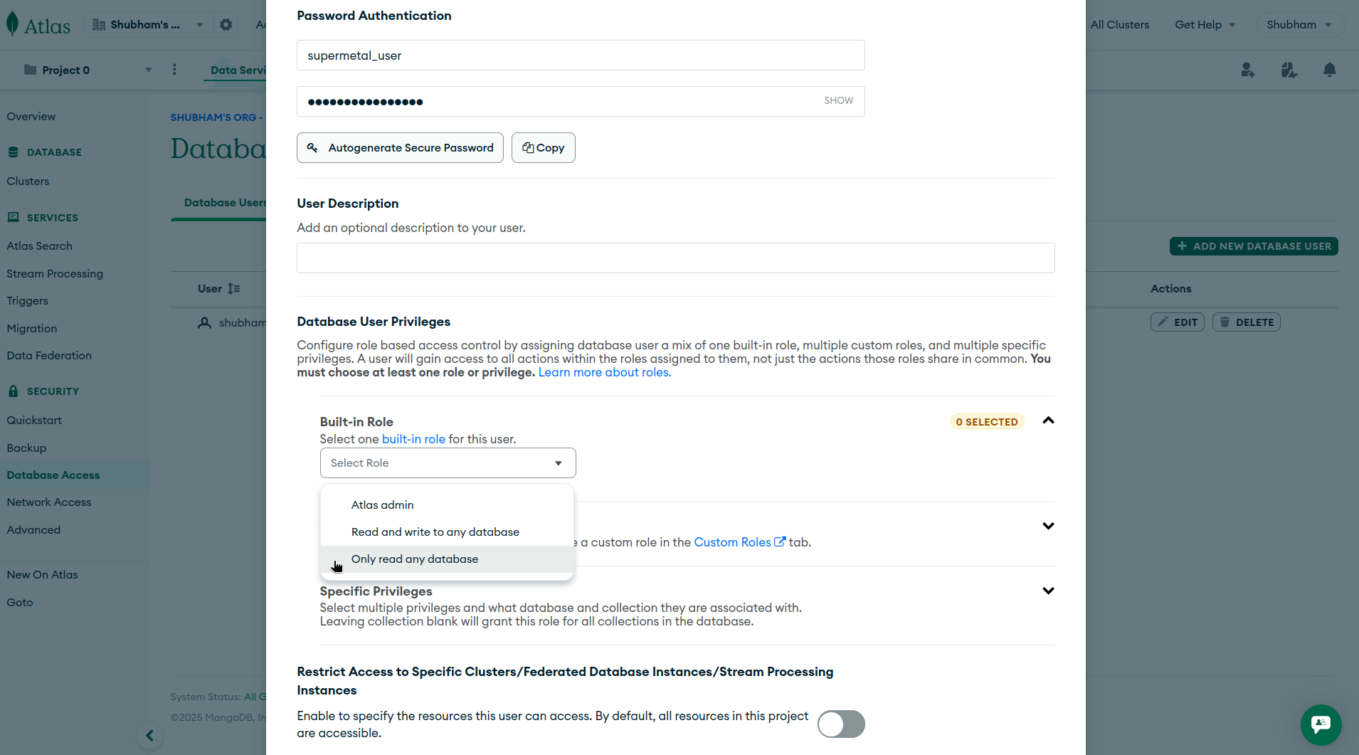 MongoDB Atlas Select User Role
