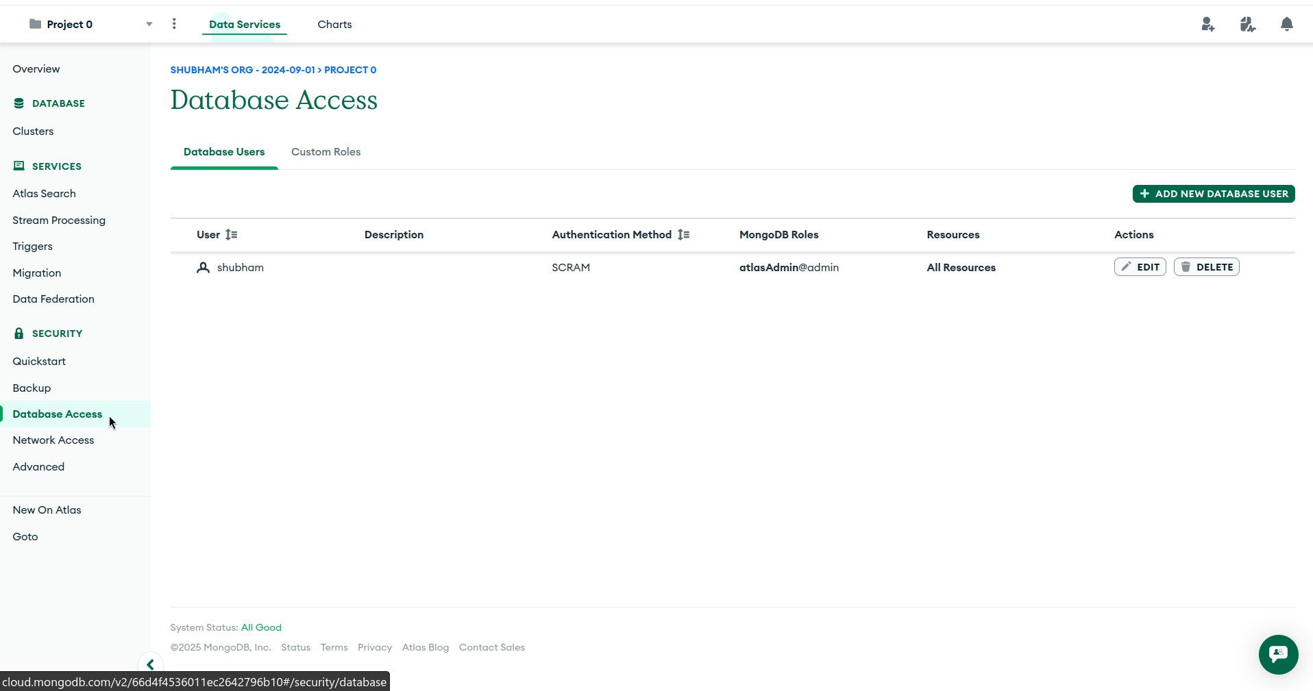 MongoDB Atlas Database Access Screen
