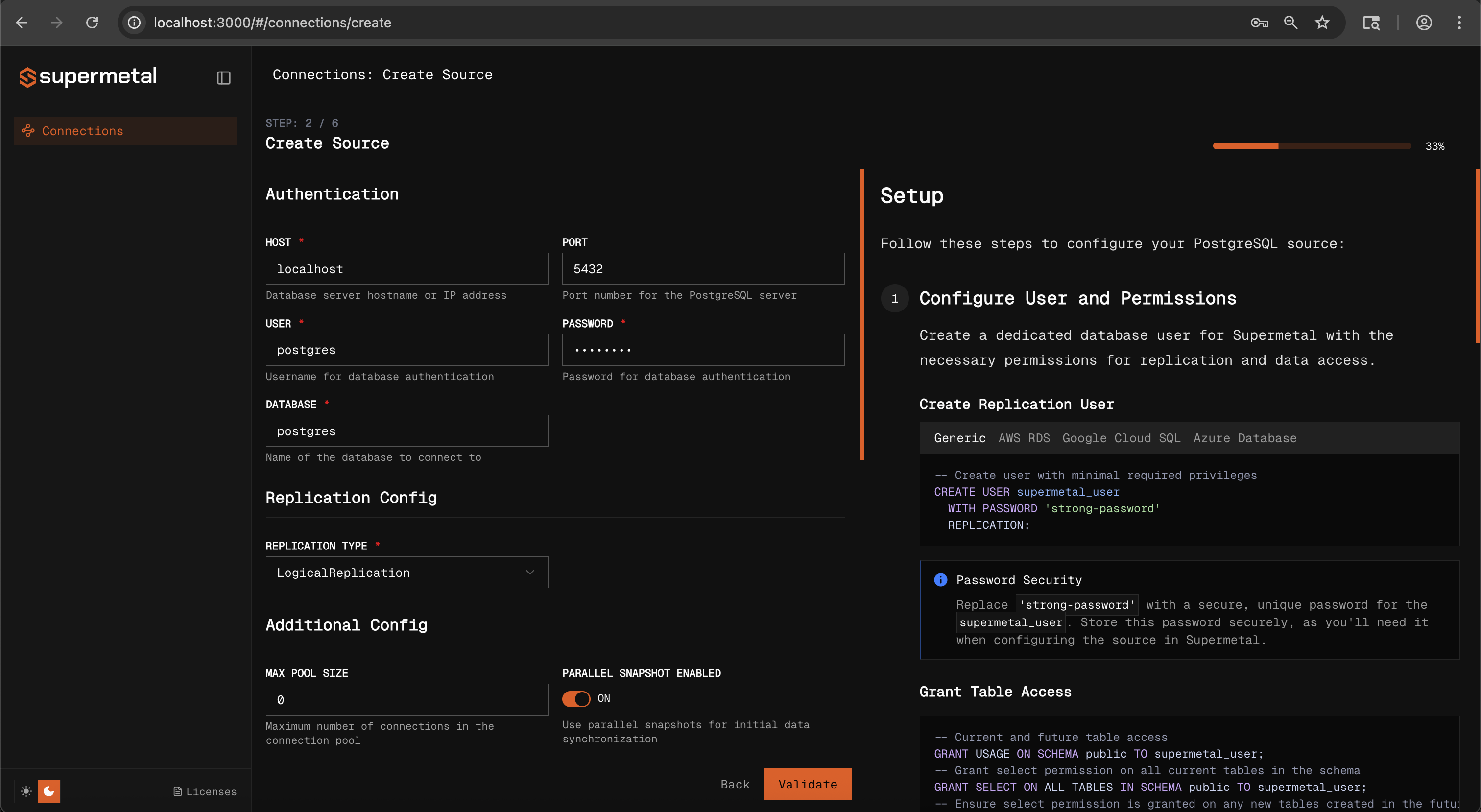 Configure source database connection