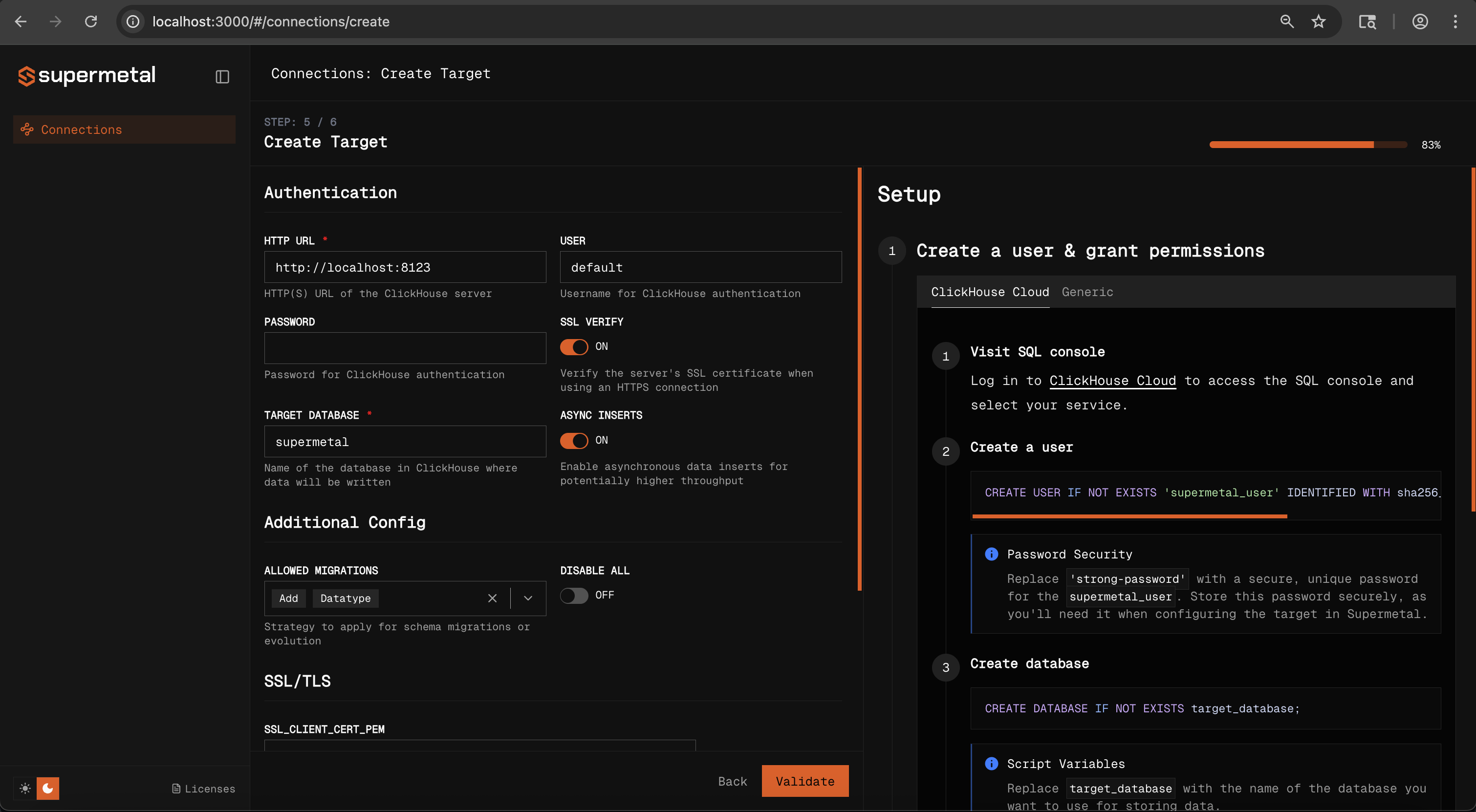 Configure target database connection