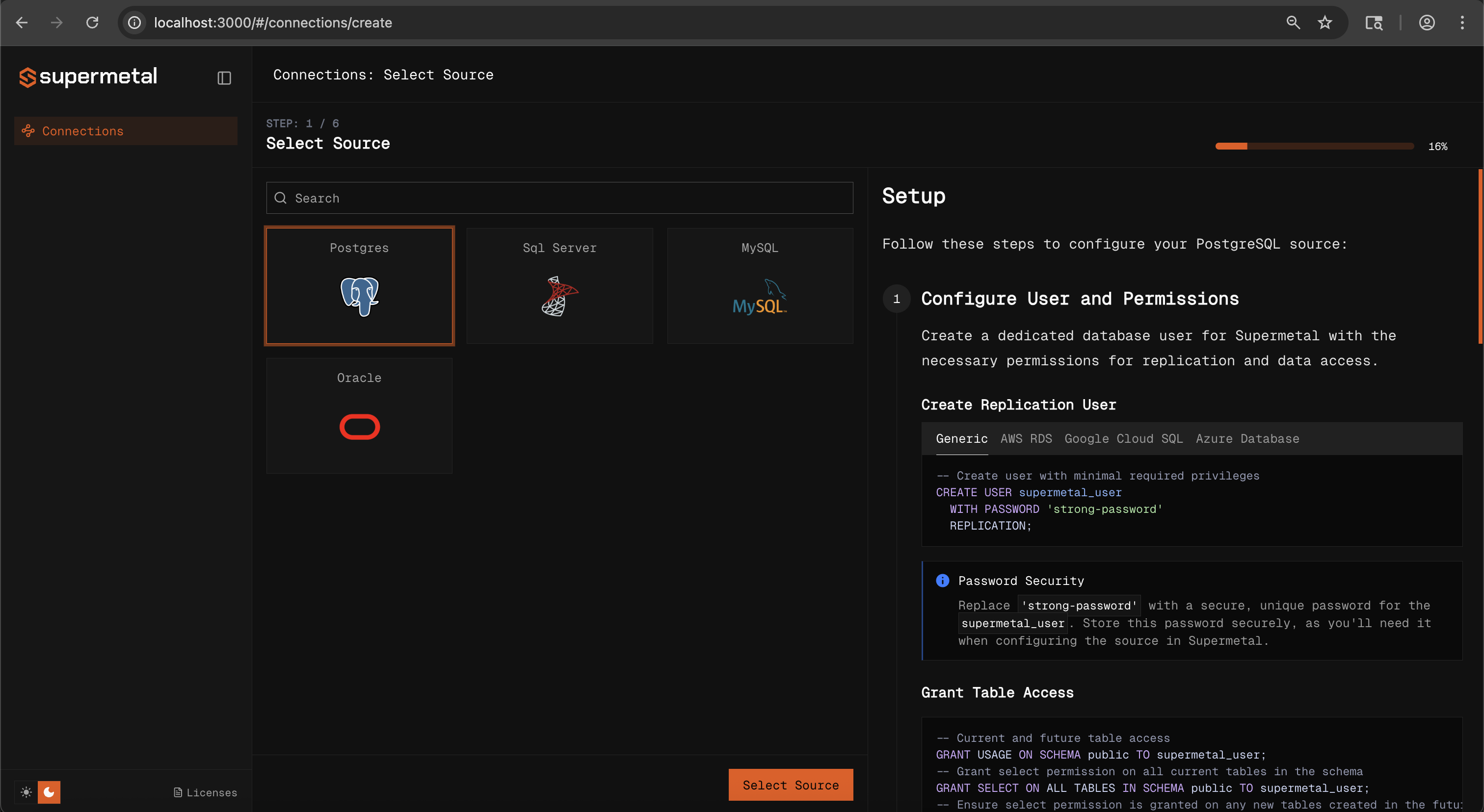 Select source database type