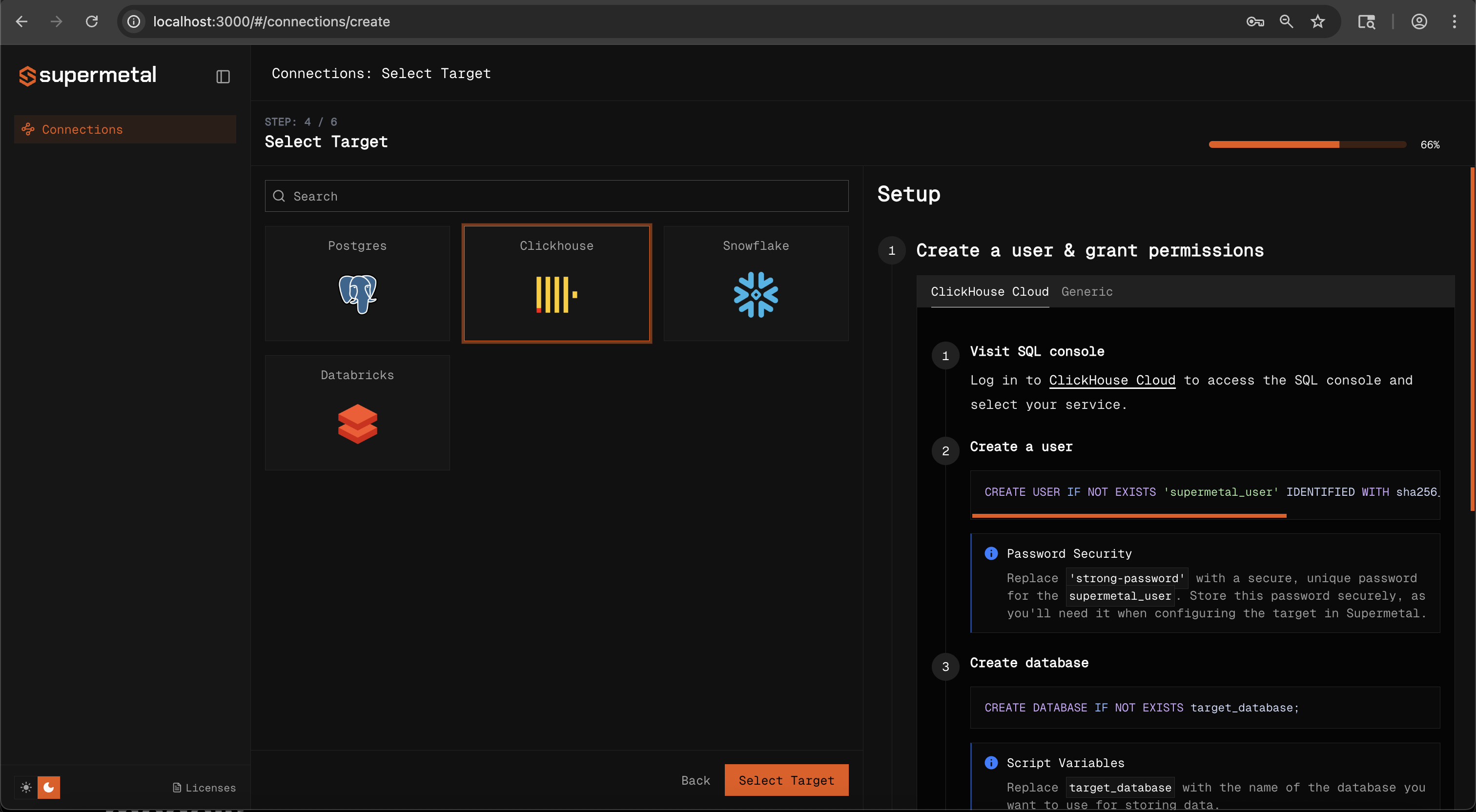 Select target database type