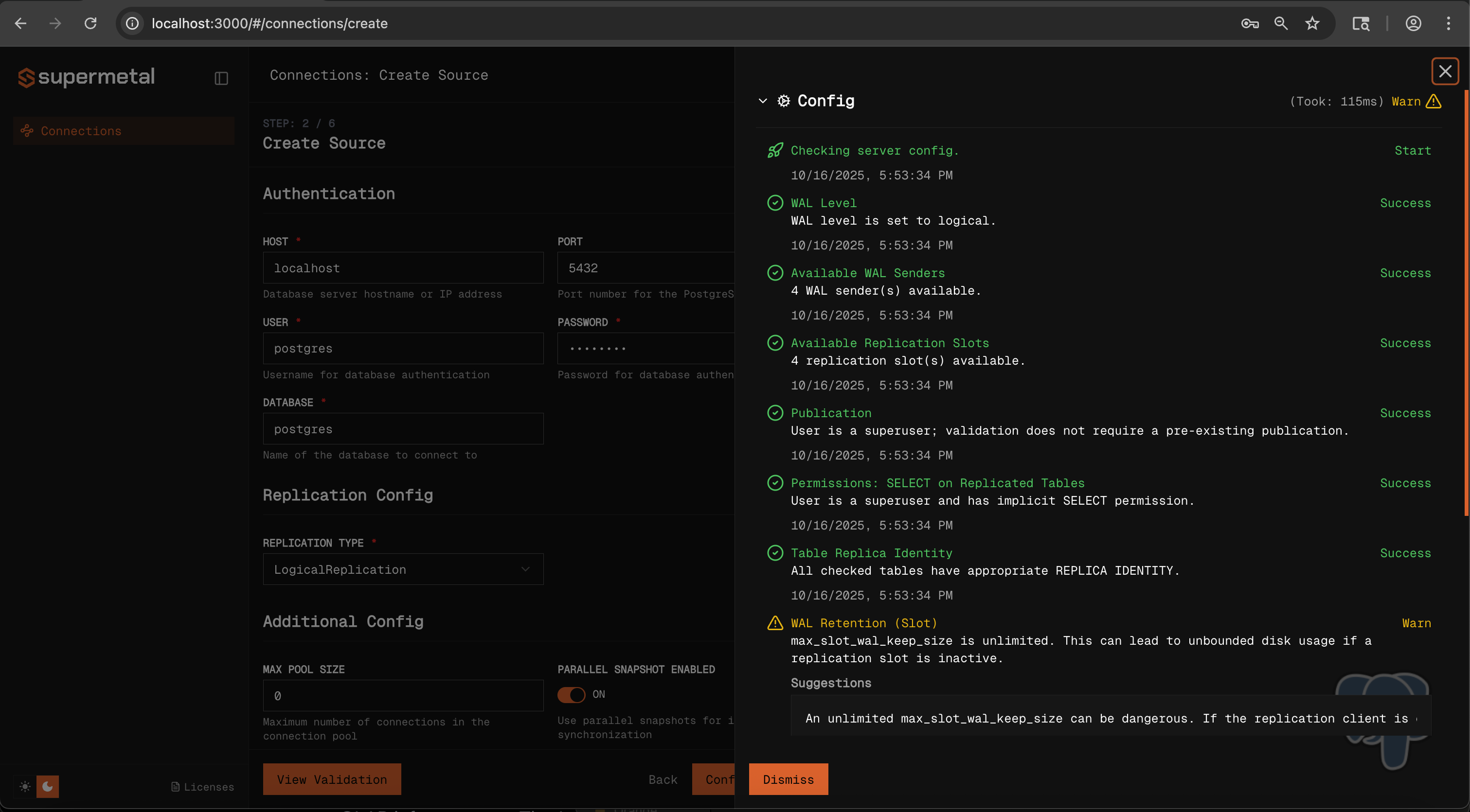 Validate source database connection