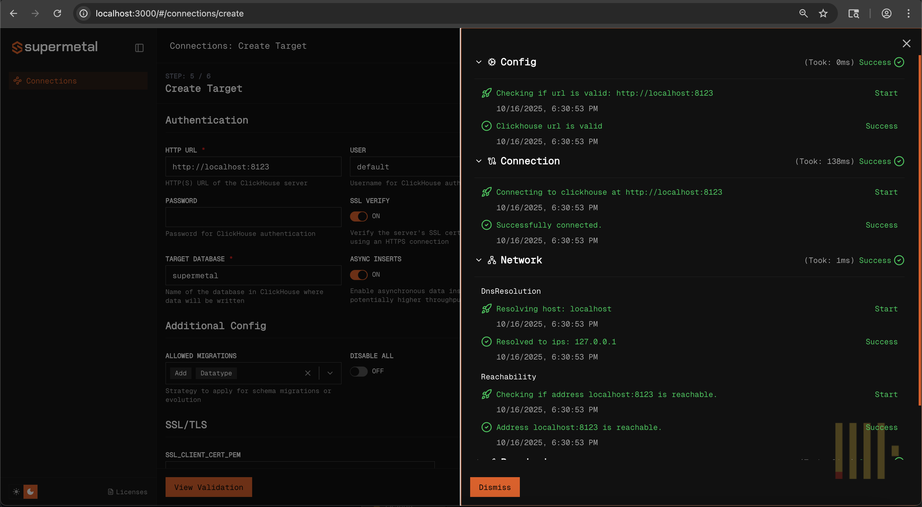 Validate target database connection