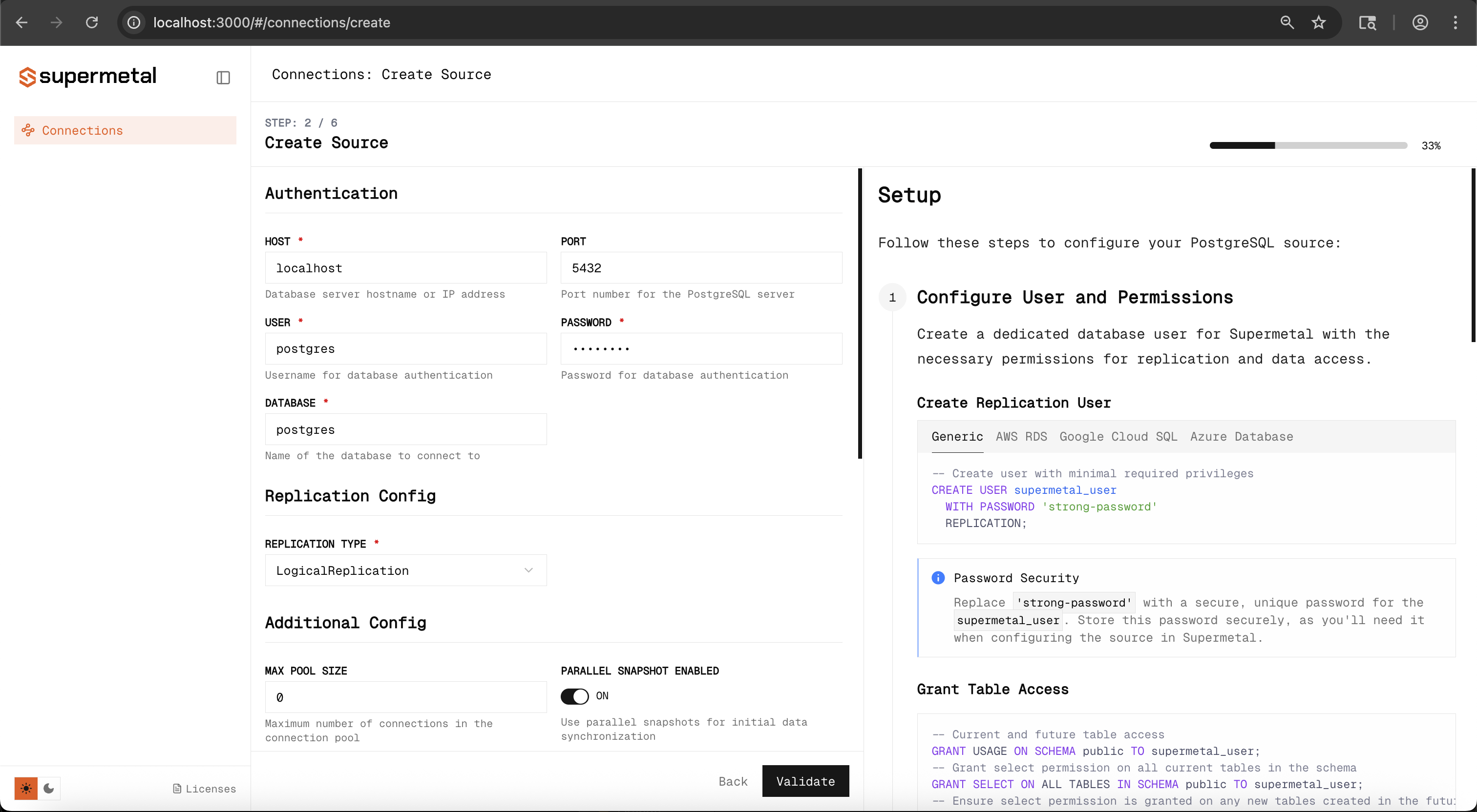 Configure source database connection