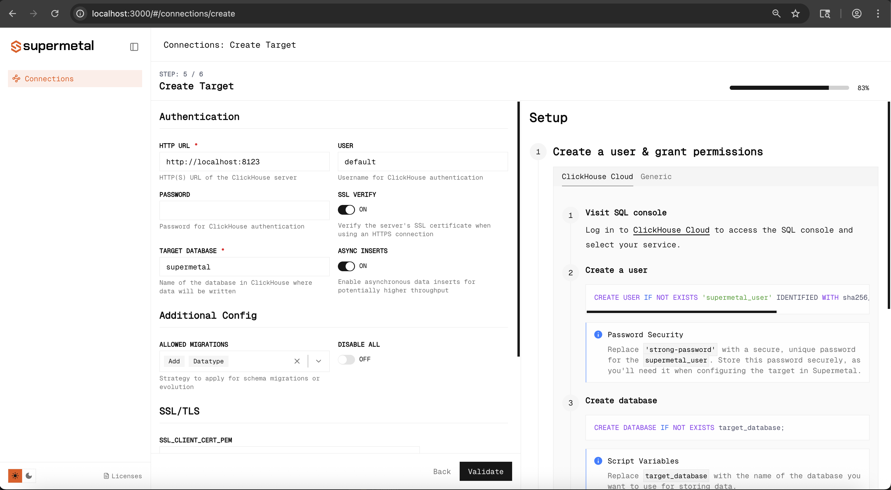 Configure target database connection
