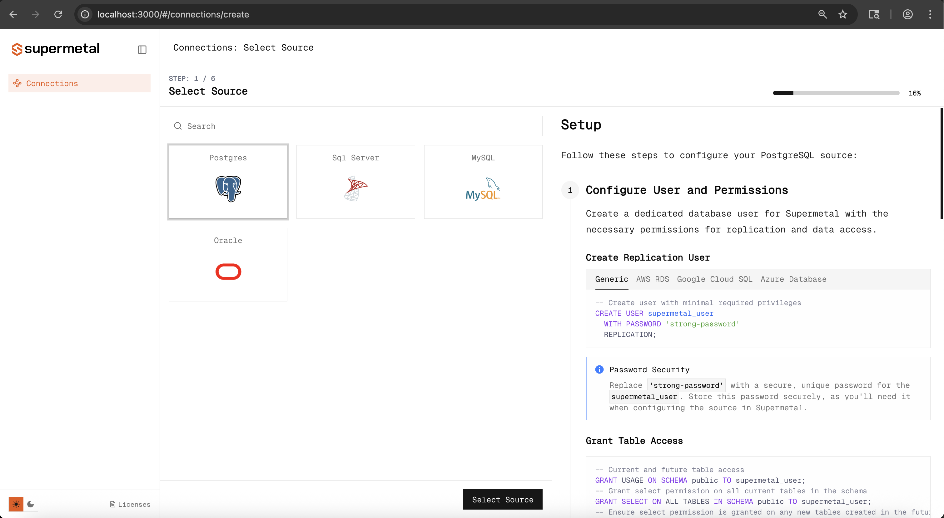 Select source database type