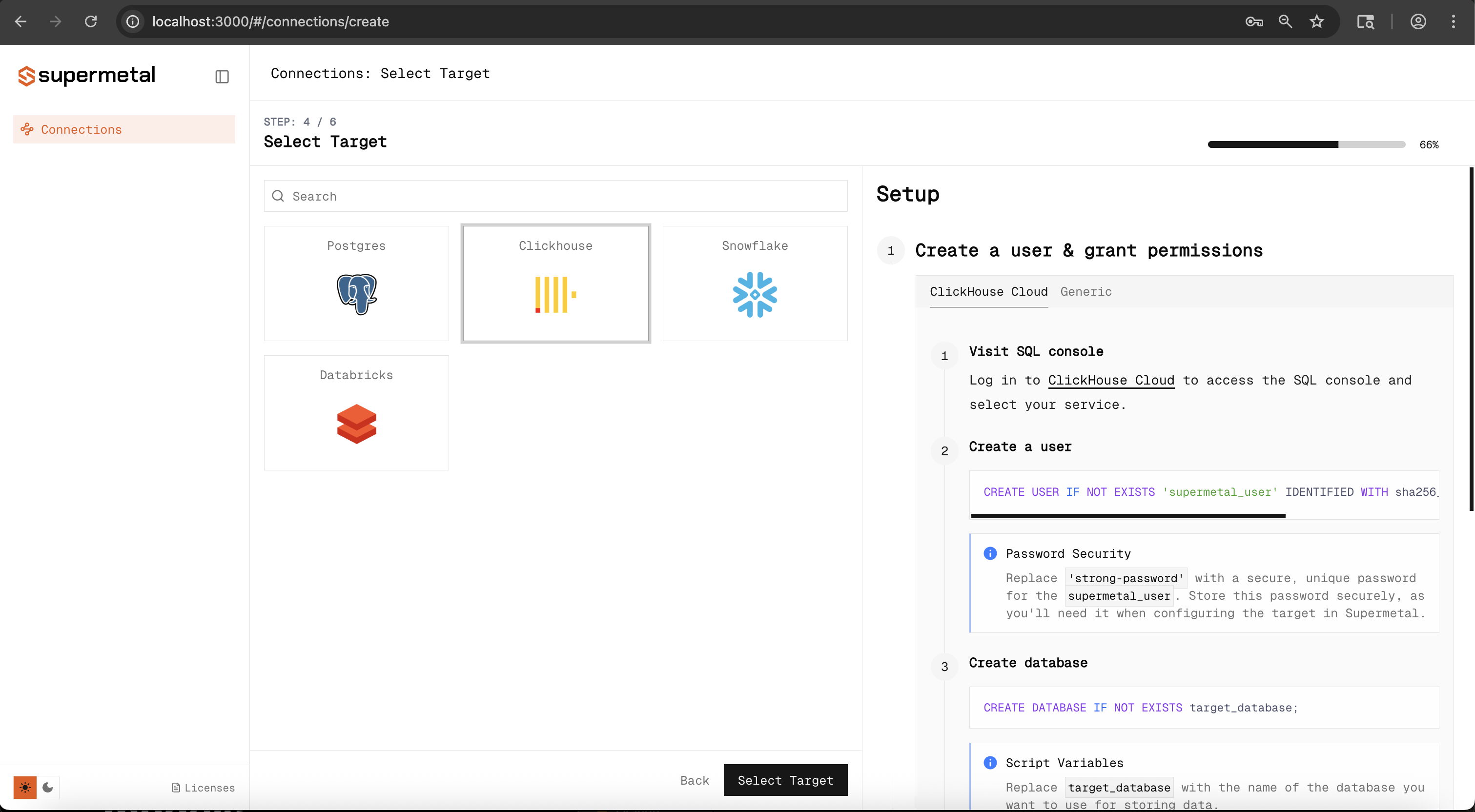 Select target database type