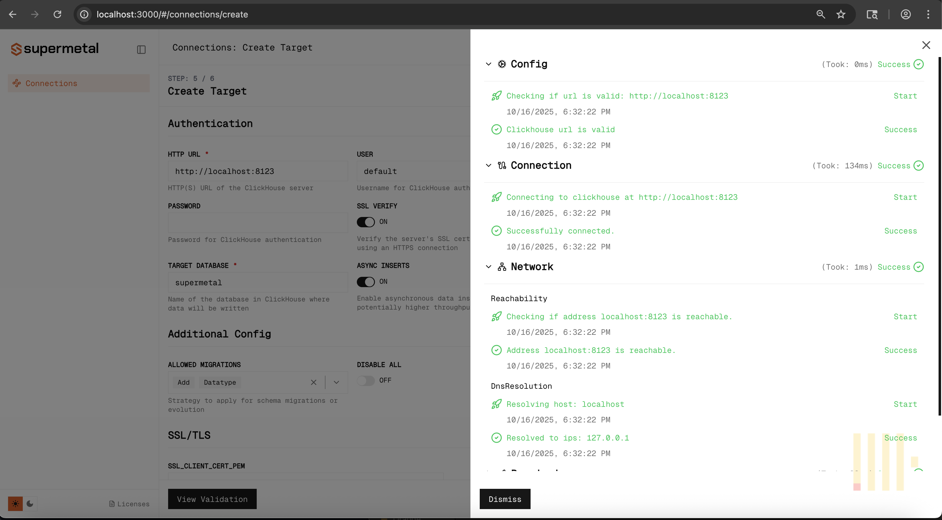 Validate target database connection